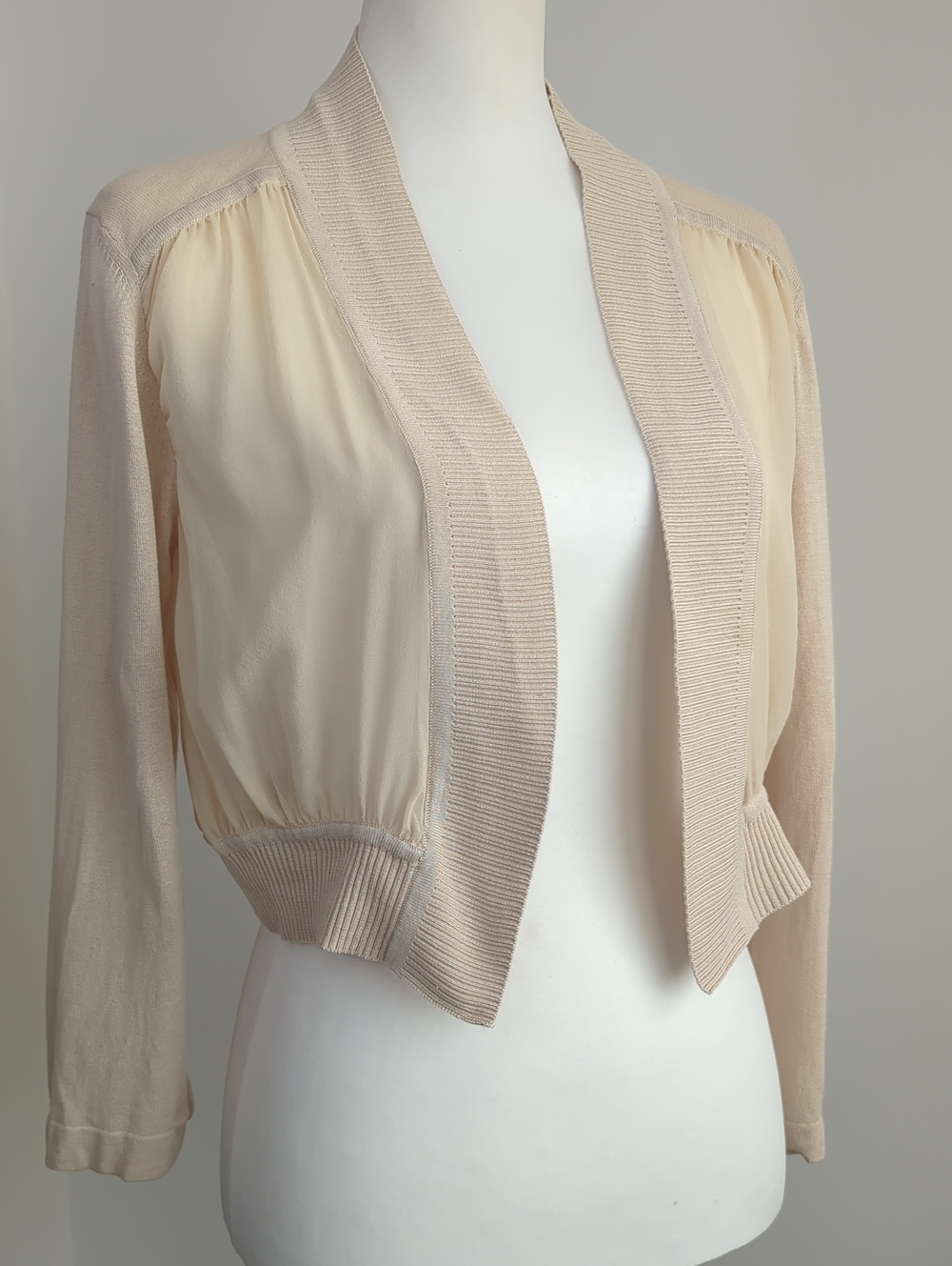 Antonio Melani Cropped Mixed Media Sheer Knit Bolero Shrug Cardigan Cream LARGE